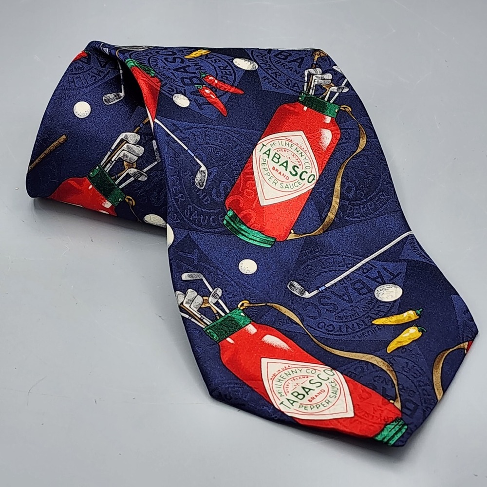 Vintage USA Made 100% Silk Men's Neck Tie Tabasco Hot Sauce Peppers Golf